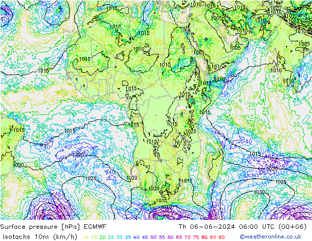 Isotachs (kph) ECMWF  06.06.2024 06 UTC