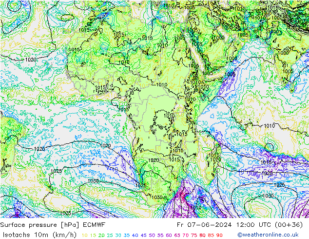 Isotaca (kph) ECMWF vie 07.06.2024 12 UTC