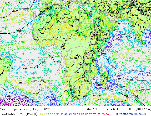 Isotachs (kph) ECMWF Mo 10.06.2024 18 UTC