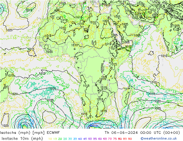 Isotachs (mph) ECMWF чт 06.06.2024 00 UTC
