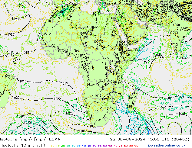 Isotachs (mph) ECMWF Sa 08.06.2024 15 UTC