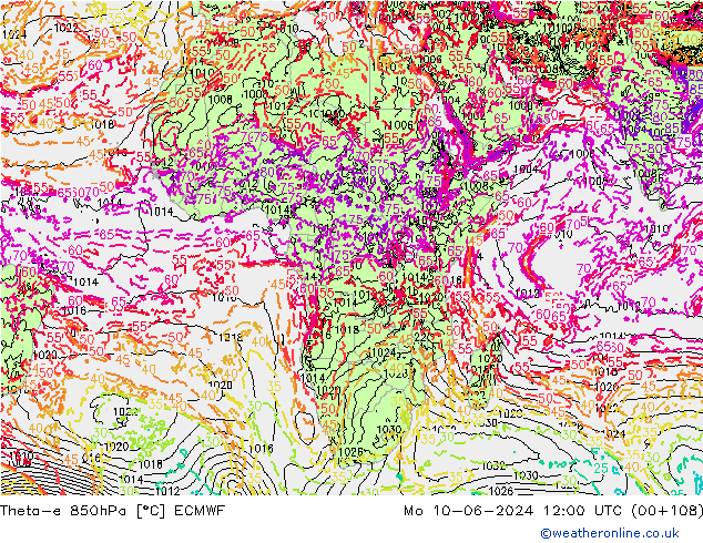 Theta-e 850hPa ECMWF ma 10.06.2024 12 UTC