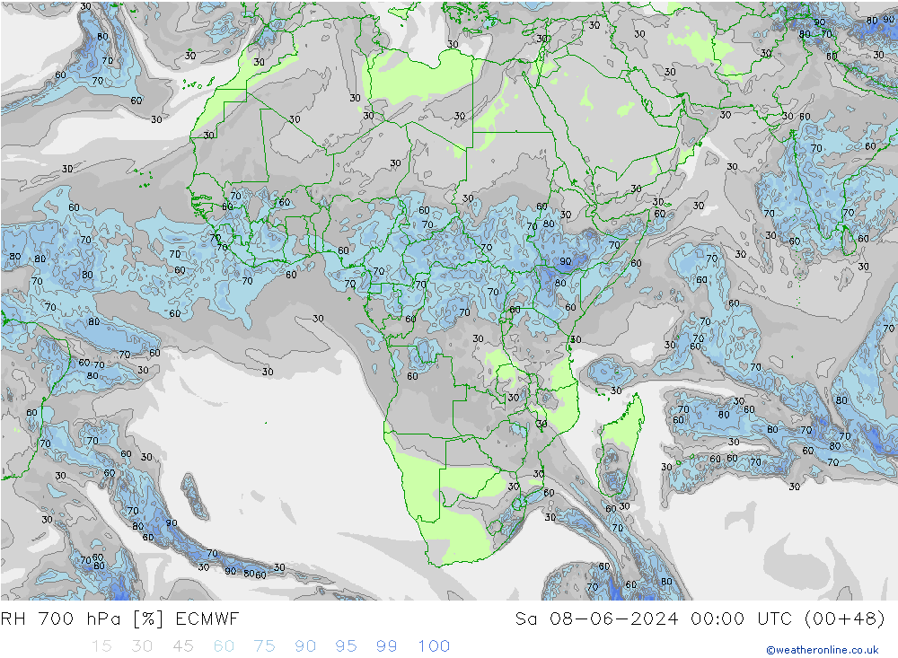 Humedad rel. 700hPa ECMWF sáb 08.06.2024 00 UTC