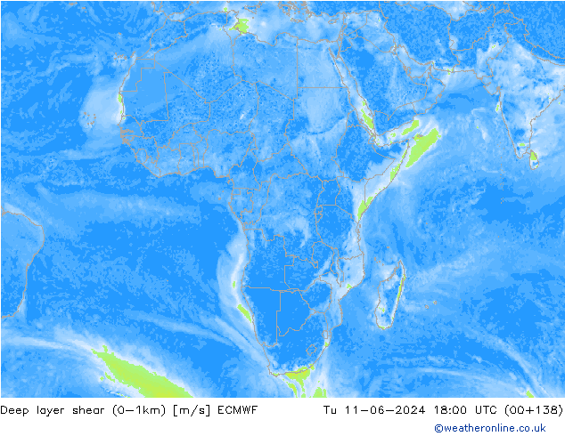 Deep layer shear (0-1km) ECMWF di 11.06.2024 18 UTC