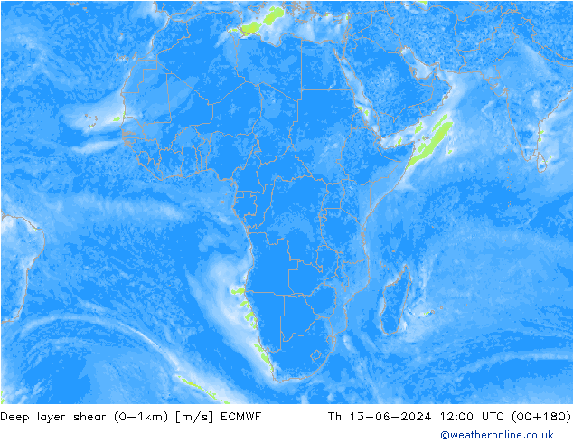 Deep layer shear (0-1km) ECMWF Čt 13.06.2024 12 UTC