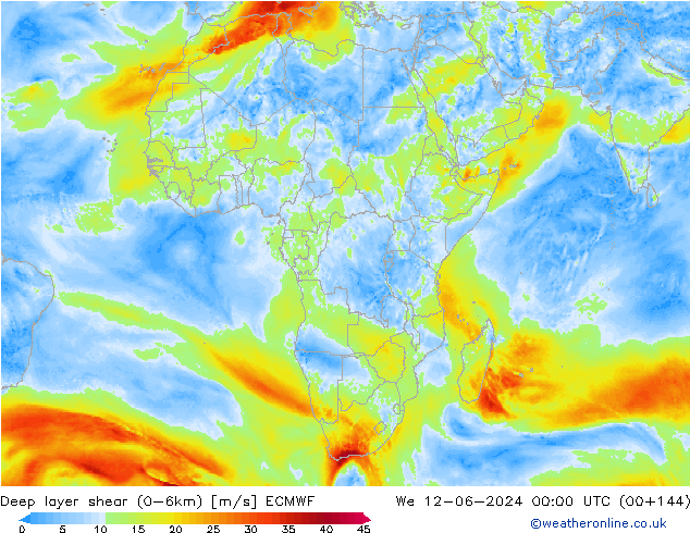 Deep layer shear (0-6km) ECMWF mer 12.06.2024 00 UTC