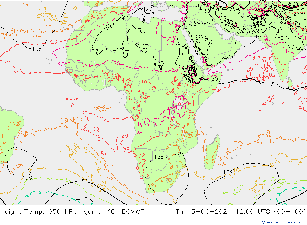 Height/Temp. 850 hPa ECMWF  13.06.2024 12 UTC