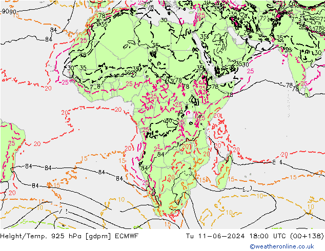 Geop./Temp. 925 hPa ECMWF mar 11.06.2024 18 UTC