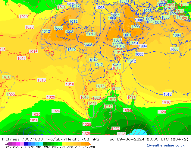 Espesor 700-1000 hPa ECMWF dom 09.06.2024 00 UTC