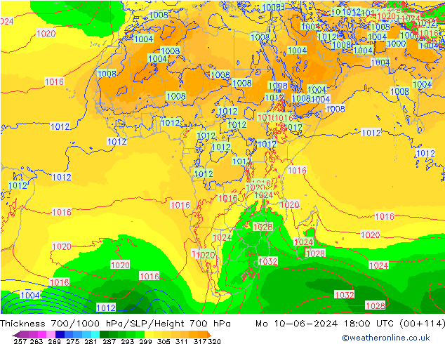 Thck 700-1000 hPa ECMWF Po 10.06.2024 18 UTC