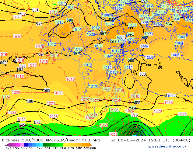 Dikte 500-1000hPa ECMWF za 08.06.2024 12 UTC