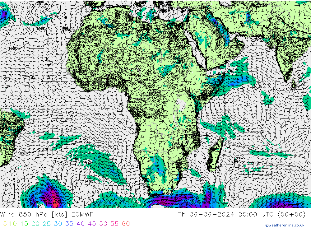 Vento 850 hPa ECMWF gio 06.06.2024 00 UTC