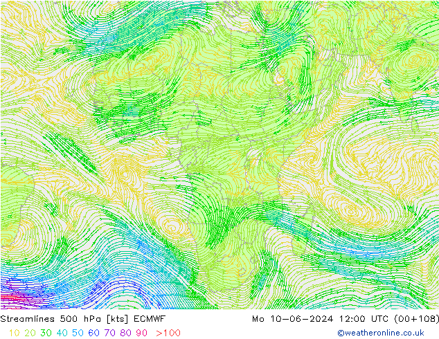 Linha de corrente 500 hPa ECMWF Seg 10.06.2024 12 UTC