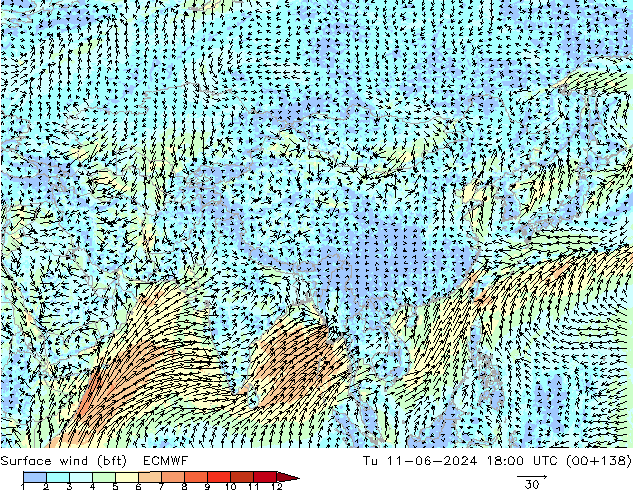 ве�Bе�@ 10 m (bft) ECMWF вт 11.06.2024 18 UTC