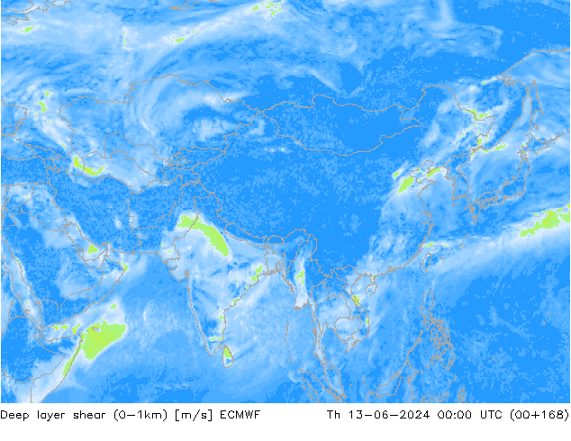 Deep layer shear (0-1km) ECMWF Th 13.06.2024 00 UTC