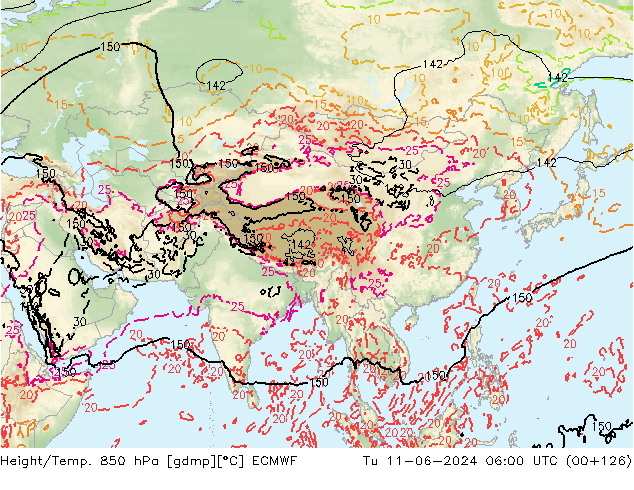 Hoogte/Temp. 850 hPa ECMWF di 11.06.2024 06 UTC