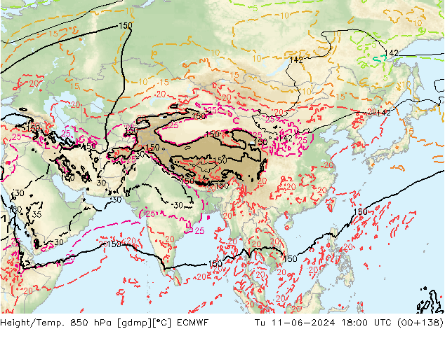 Height/Temp. 850 гПа ECMWF вт 11.06.2024 18 UTC