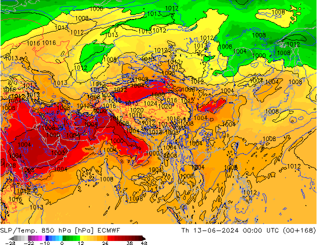 SLP/Temp. 850 hPa ECMWF Qui 13.06.2024 00 UTC