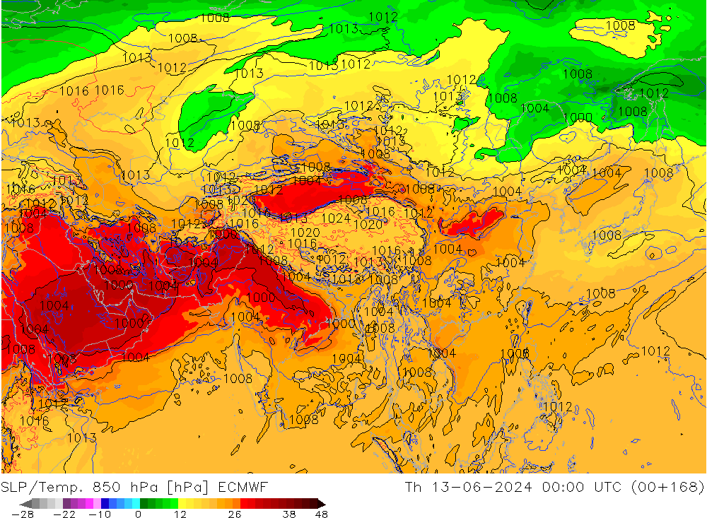 SLP/Temp. 850 hPa ECMWF Th 13.06.2024 00 UTC