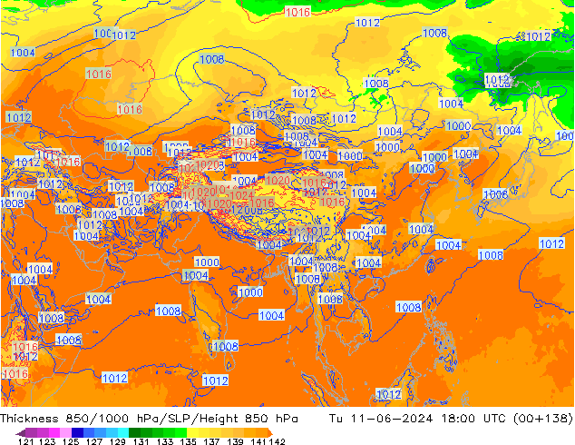 Espesor 850-1000 hPa ECMWF mar 11.06.2024 18 UTC