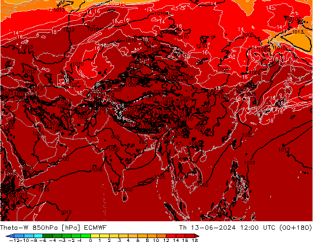 Theta-W 850гПа ECMWF чт 13.06.2024 12 UTC