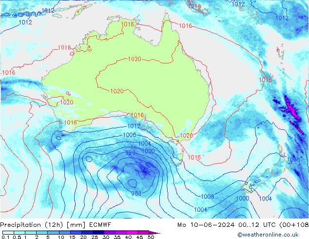 Totale neerslag (12h) ECMWF ma 10.06.2024 12 UTC