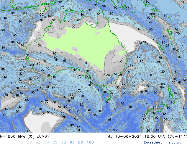 Humidité rel. 850 hPa ECMWF lun 10.06.2024 18 UTC