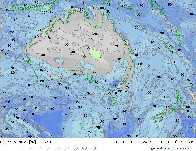 Humidité rel. 925 hPa ECMWF mar 11.06.2024 06 UTC