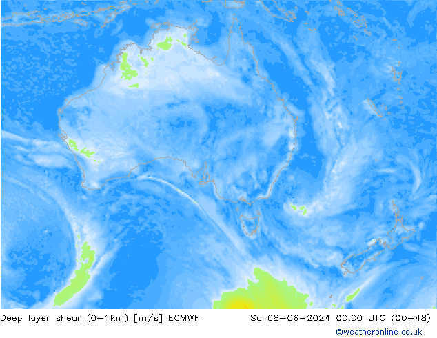 Deep layer shear (0-1km) ECMWF Sa 08.06.2024 00 UTC