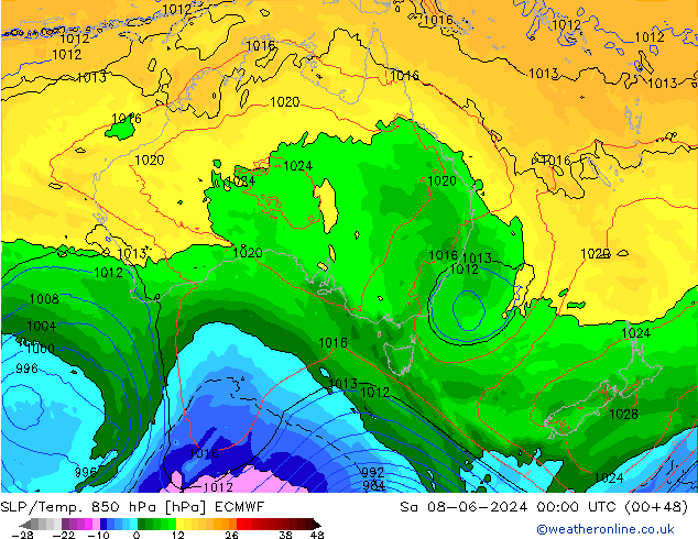 SLP/Temp. 850 hPa ECMWF Sáb 08.06.2024 00 UTC