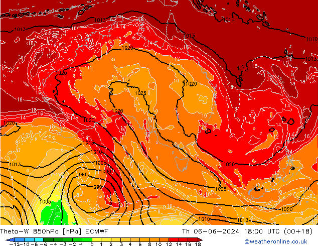 Theta-W 850гПа ECMWF чт 06.06.2024 18 UTC