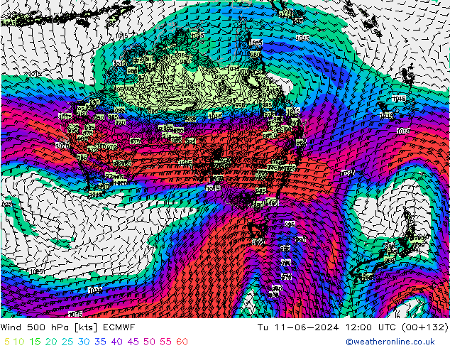 wiatr 500 hPa ECMWF wto. 11.06.2024 12 UTC