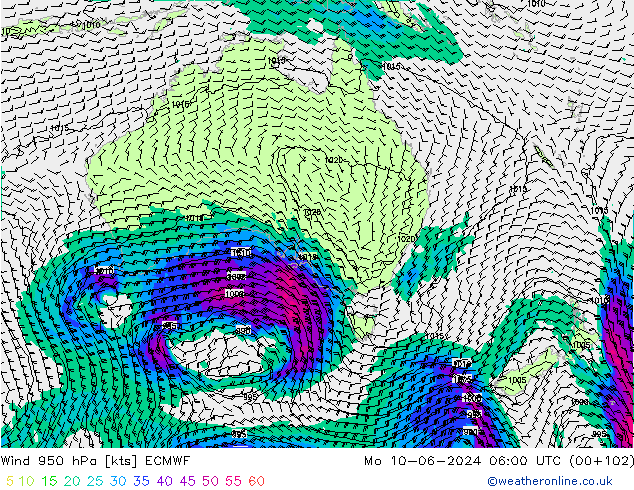 Vent 950 hPa ECMWF lun 10.06.2024 06 UTC