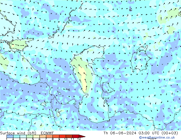 Viento 10 m (bft) ECMWF jue 06.06.2024 03 UTC