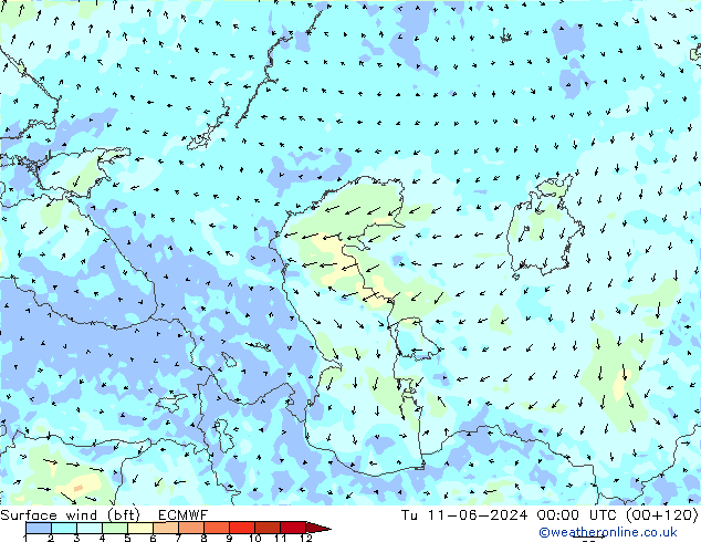 wiatr 10 m (bft) ECMWF wto. 11.06.2024 00 UTC