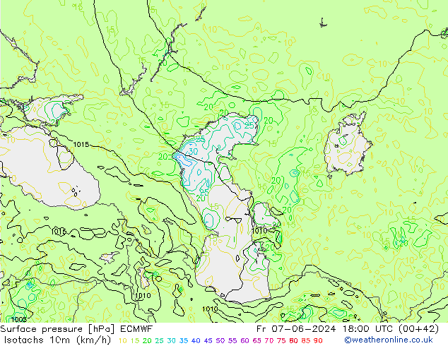 Isotachs (kph) ECMWF Fr 07.06.2024 18 UTC