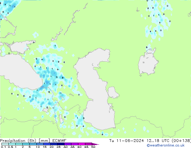 Totale neerslag (6h) ECMWF di 11.06.2024 18 UTC