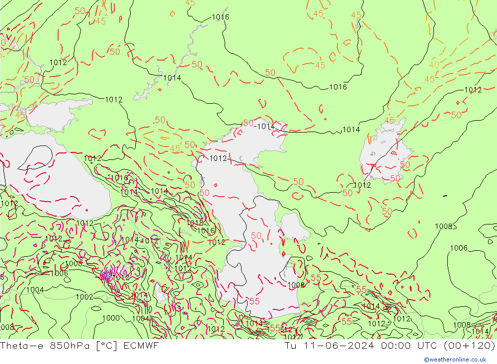 Theta-e 850hPa ECMWF Tu 11.06.2024 00 UTC