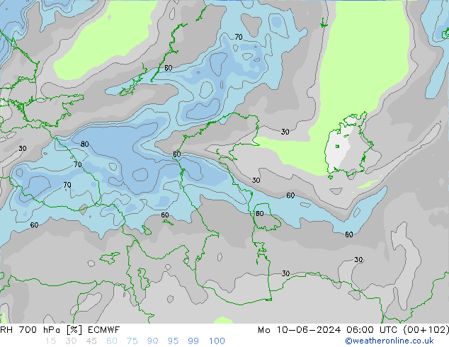 RH 700 hPa ECMWF  10.06.2024 06 UTC