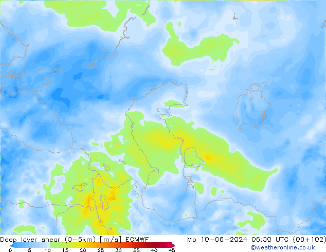 Deep layer shear (0-6km) ECMWF pon. 10.06.2024 06 UTC