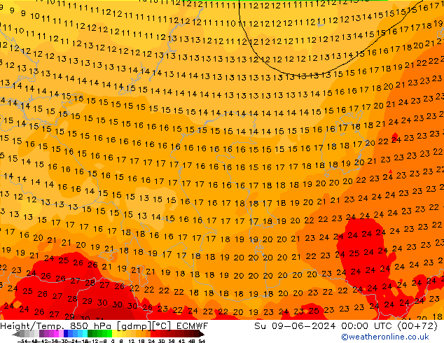 Height/Temp. 850 гПа ECMWF Вс 09.06.2024 00 UTC