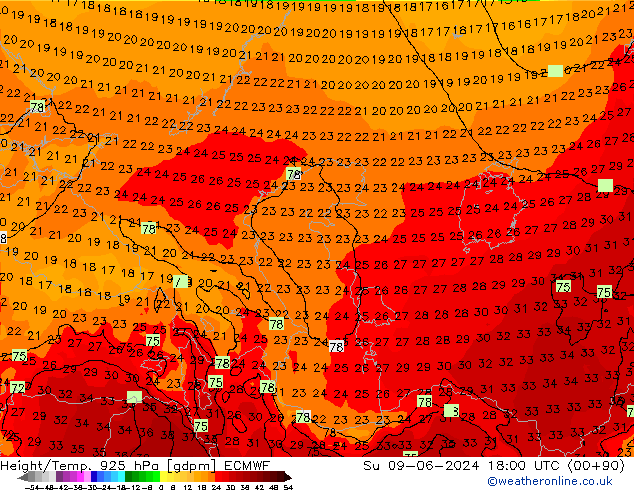 Hoogte/Temp. 925 hPa ECMWF zo 09.06.2024 18 UTC