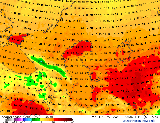 Sıcaklık Haritası (2m) ECMWF Pzt 10.06.2024 00 UTC