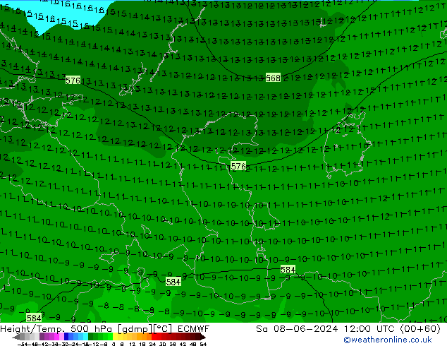 Z500/Rain (+SLP)/Z850 ECMWF Sa 08.06.2024 12 UTC