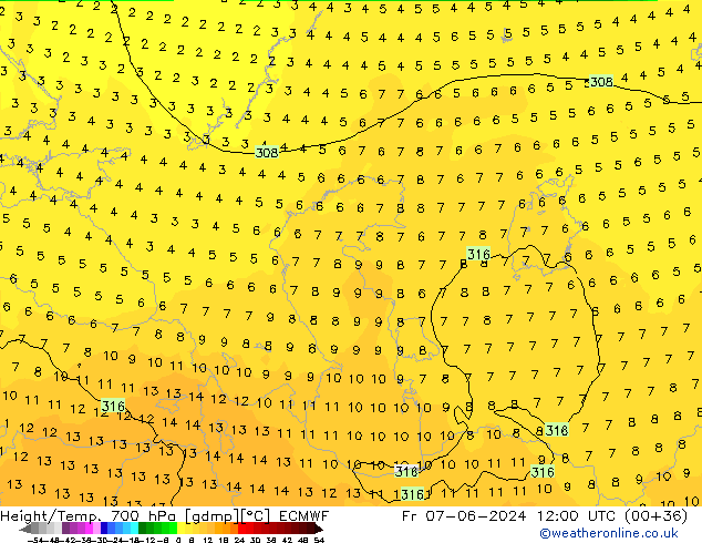 Height/Temp. 700 hPa ECMWF pt. 07.06.2024 12 UTC