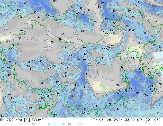 RH 700 hPa ECMWF Čt 06.06.2024 03 UTC