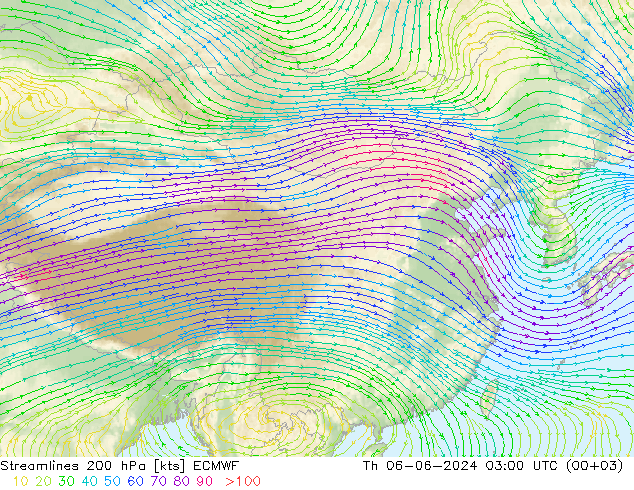 Streamlines 200 hPa ECMWF Th 06.06.2024 03 UTC