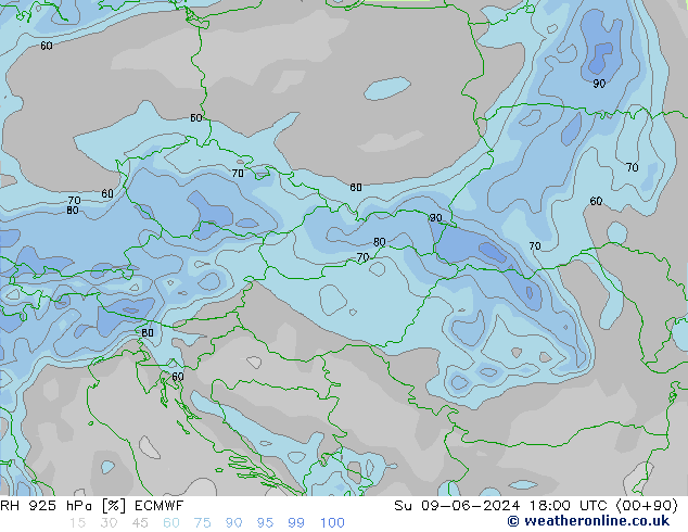 RH 925 hPa ECMWF dom 09.06.2024 18 UTC