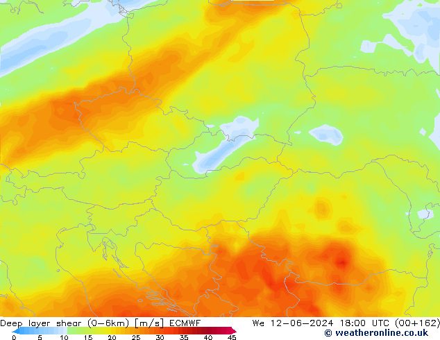 Deep layer shear (0-6km) ECMWF We 12.06.2024 18 UTC