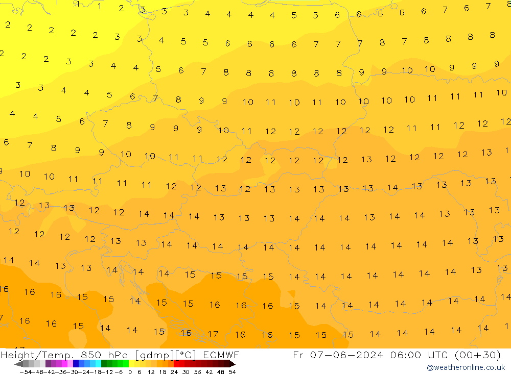 Geop./Temp. 850 hPa ECMWF vie 07.06.2024 06 UTC